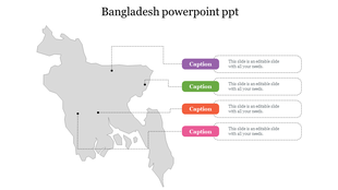 Gray map of Bangladesh with four colored captions in purple, green, orange, and pink connected by dotted lines.