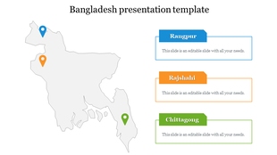 Gray map of Bangladesh with blue, orange, and green location markers for cities, with labeled text boxes to the right.
