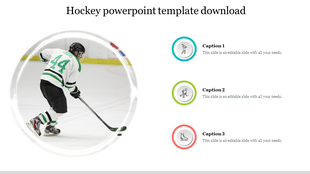 Hockey player in a circular frame, with three icons in blue, green, and red arranged vertically, on a white backdrop.
