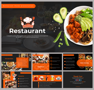 Food presentation template showcasing restaurant introduction, menu categories, and a thank-you note.
