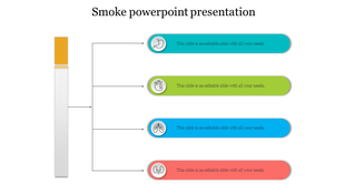 PPT slide with a cigarette and colorful icons depicting the effects of smoking on different organs with placeholder text.