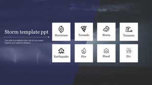 Slide for storm disasters with icons representing hurricanes, tornados, storms, tsunamis, earthquakes, fire, and floods.