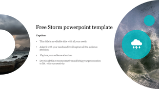 Circular design elements with storm imagery on both sides, including clouds and waves, and a central raincloud icon.