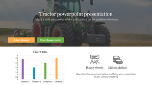 Tractor presentation slide with a chart, buttons for live demo and purchase, and business icons.