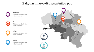Belgium map in grayscale with four colored location pins, dotted flight path and circular icons indicating demographic stats.