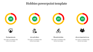 Four circular rings showing values with icons related to hobbies along with caption area at the bottom.