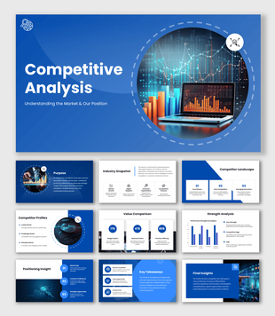 Competitor Analysis Presentation with blue theme, charts, graphs, circular image, and structured text layout design.