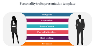 Colorful slide illustrating various personality traits from thoughtful to grounded with male and female silhouettes.