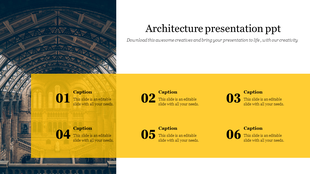Historical architectural backdrop with a bold yellow section displaying six captions in a symmetrical arrangement.