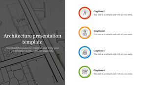 Architecture PowerPoint template featuring design blueprints and color coded icons and captions.