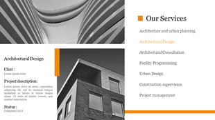 Monochrome layout with architectural images and a list of services on the right, accented by orange lines.
