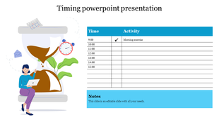 Timing PowerPoint slide with a daily schedule table and an illustration of a person sitting next to an hourglass.
