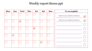 Weekly planner template featuring a grid calendar diagram with checkmarks and a task checklist.