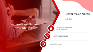 Business card themed slide with a red tinted handshake photo on the left and contact details with icons on the right.