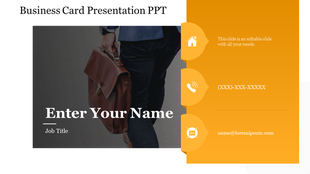 Business card slide with a photo of a man holding a leather briefcase on the left and contact info icons.