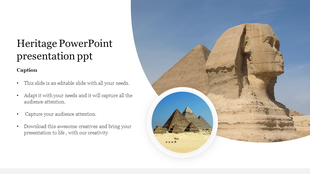 The Sphinx and pyramids on a heritage-themed slide, with a circular image of pyramids and camels in the desert.