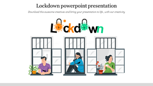Lockdown illustration with individuals staying indoors, framed by windows, and a stylized lockdown text above.