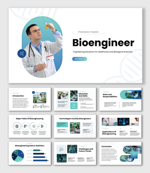 Bioengineering slide with a microscope and a black cell imagery on a teal accented layout, paired with a white text area.