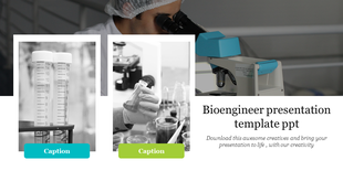 Bioengineering layout showing grayscale lab images of test tubes, a researcher holding a flask, with teal and green accent.