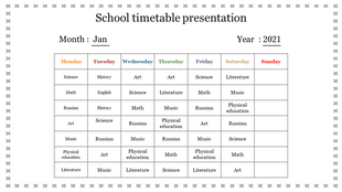 A slide with a school timetable for January 2021, listing subjects from Monday to Sunday on a white background with frame.