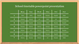 School timetable slide displayed on a green chalkboard, showing a weekly schedule of subjects.