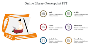 Illustrative slide with icons for books, articles, theses, manuscripts, audio, and video lectures in online library template.