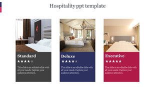 Hospitality PowerPoint slide featuring three room categories with their respective ratings and images on a white backdrop.