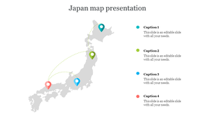 A slide showing a map of japan with four location markers in different colors, along with captions on the right.