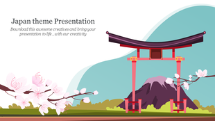 Slide with a Japan theme featuring a Torii gate with cherry blossoms and a mountain in the background with a text area.