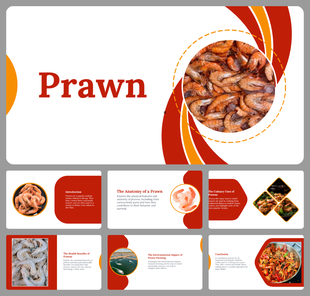 Slides with orange and red accents, showing prawns in various dishes and topics like anatomy, health benefits, and farming.