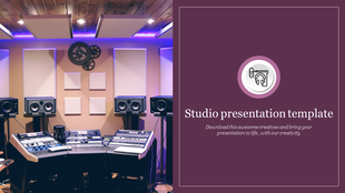 Slide layout combining a high-tech sound studio image with a minimalist right section for text and a circular headset icon.