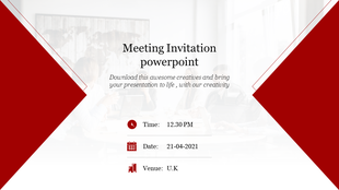 Meeting invitation PPT template displaying event details such as time, date, and venue, with an office setting background.