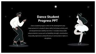 A dance student progress slide showing two dancers in motion with a description of skill and performance development.