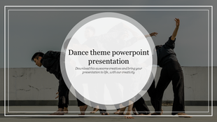 Dance themed slide with dancers in black attire on a rooftop, overlaid by a circular text area with white borders.