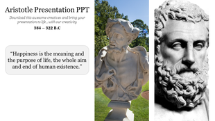 Two busts of Aristotle are displayed on the right side of the slide, with a quote about happiness on the left side.