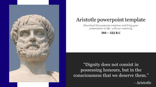 PowerPoint slide featuring a portrait of Aristotle alongside a famous quote, emphasizing themes of dignity and honor.