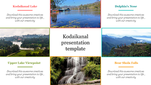 Slide with four images of Kodaikanal attractions, including lake and mountain views, each with caption areas.