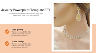 Jewelry slide with an image of gold and silver earrings and necklace, emphasizing high quality design with placeholder text.