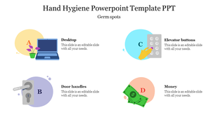 Hand hygiene PowerPoint slide showing common germ spots including desktops, door handles, elevator buttons, and money.