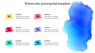 Watercolor-themed slide with six colorful brush stroke placeholders on the left and a blue watercolor splash on the right.