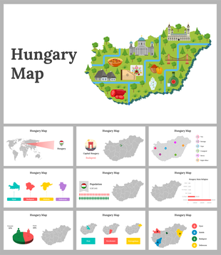 Slide deck featuring a colorful illustrated map of Hungary with icons representing landmarks, food, and cultural elements.