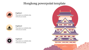 Traditional Hong Kong pagoda illustration with three circular icon placeholders on the left side of the slide.