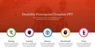 Five disability icons in green, purple, blue, orange, and pink, with descriptions over a red gradient background.