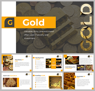 Slide deck on gold, featuring sections on history, properties, mining, and cultural significance in yellow theme.