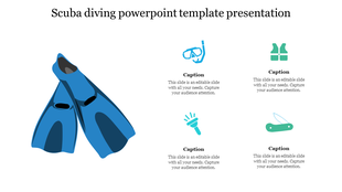 Scuba diving PowerPoint template showcasing essential equipment icons like fins, mask, flashlight, and safety gear.