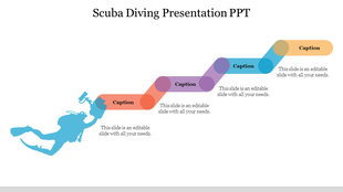 Silhouette of a scuba diver on the left with a multi-colored zigzag path containing caption placeholders.