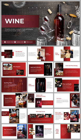 Slide deck featuring images of wine bottles, glasses, and corks, covering varieties, tasting, and regions, with red accents.