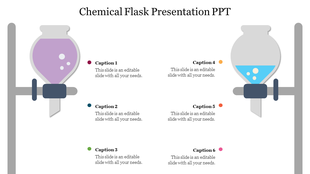 Slide with purple and blue chemical flasks on stands, surrounded by six caption areas.