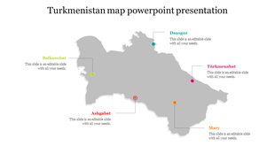 A slide showing key cities in Turkmenistan with labeled dots, including Ashgabat and Balkanabat.