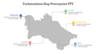 Geographical map of Turkmenistan highlighting five major cities with labels and arrows showing from Balkhanabat to Mary.